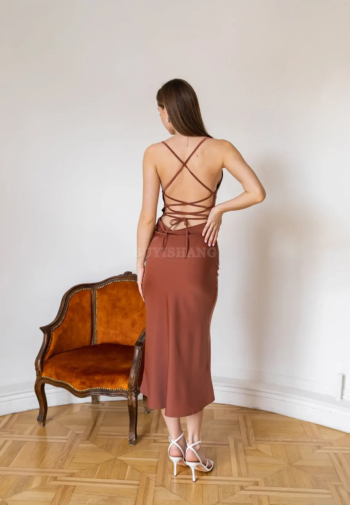 Buyishang Terra cotta dress Autumn bridesmaid dress Formal dress low back Cowl neck satin dress Satin dress woman Simple formal dress Chloe dress