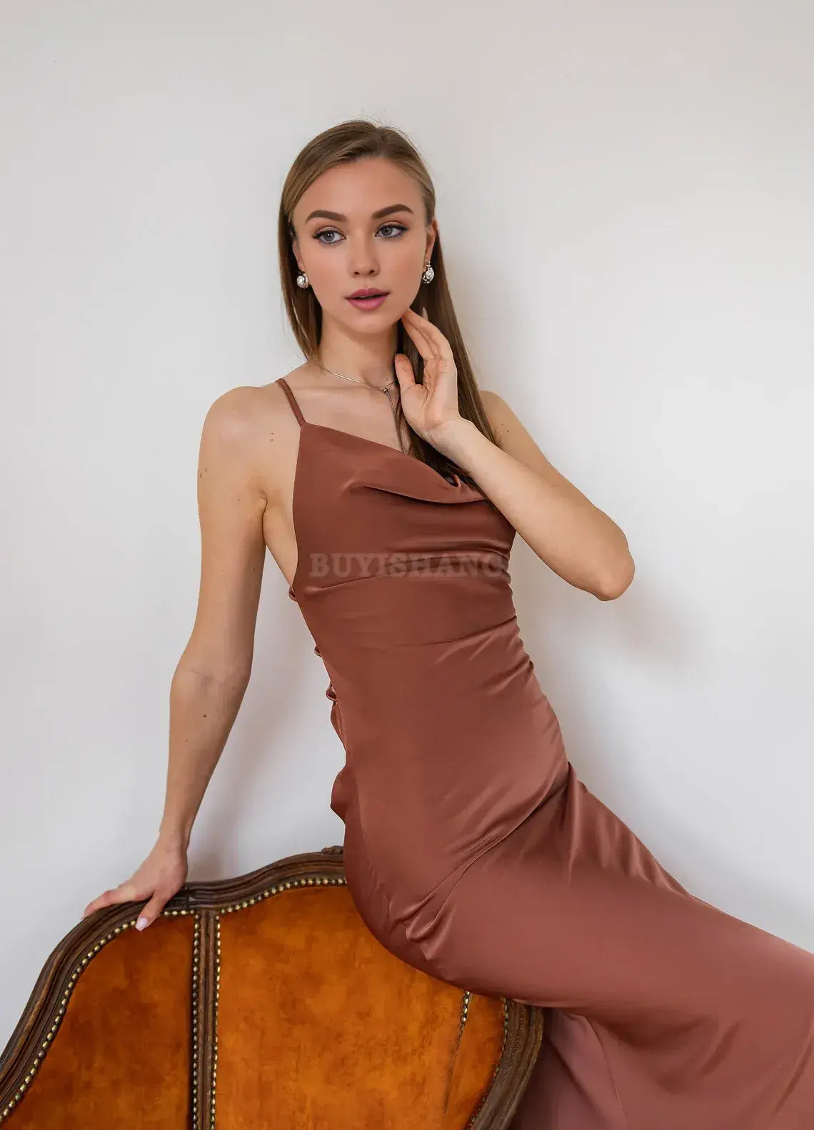 Buyishang Terra cotta dress Autumn bridesmaid dress Formal dress low back Cowl neck satin dress Satin dress woman Simple formal dress Chloe dress
