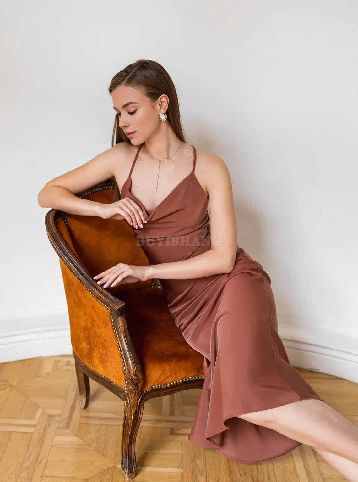 Buyishang Terra cotta dress Autumn bridesmaid dress Formal dress low back Cowl neck satin dress Satin dress woman Simple formal dress Chloe dress