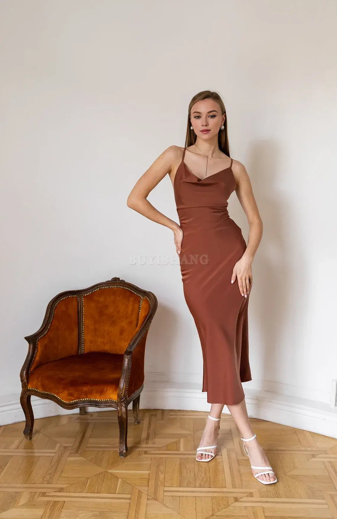 Buyishang Terra cotta dress Autumn bridesmaid dress Formal dress low back Cowl neck satin dress Satin dress woman Simple formal dress Chloe dress
