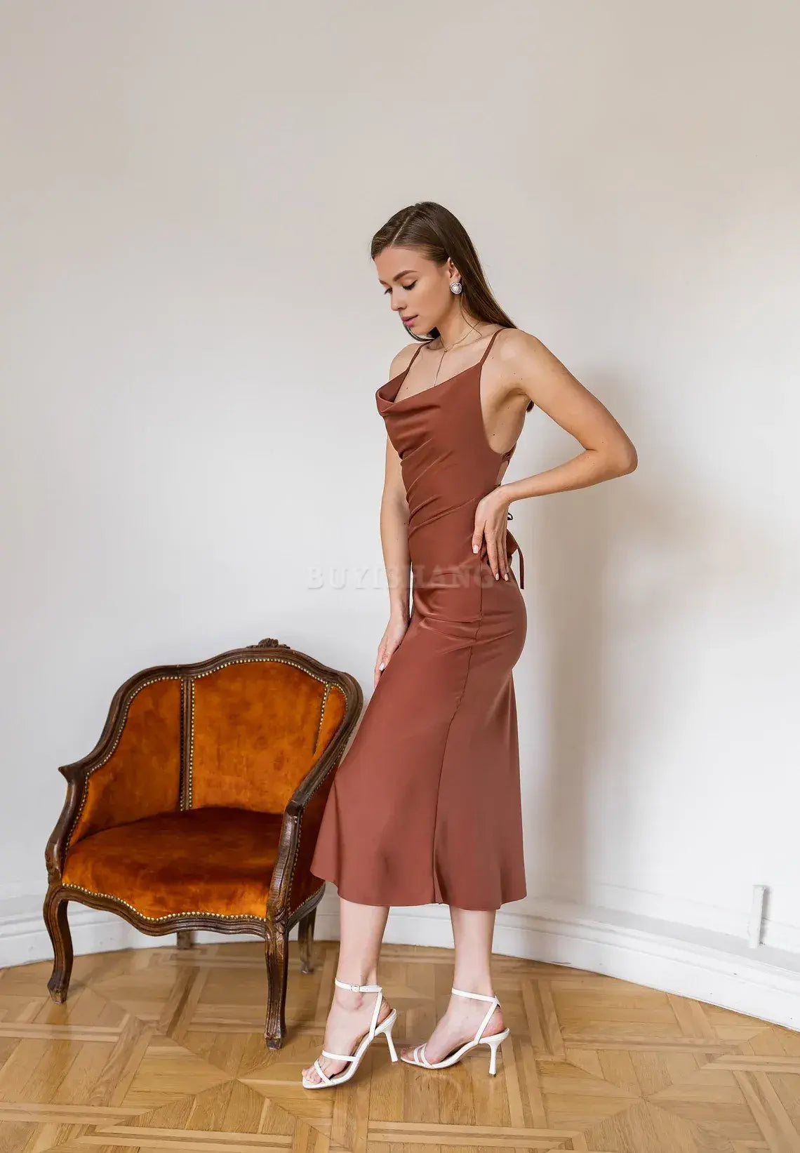 Buyishang Terra cotta dress Autumn bridesmaid dress Formal dress low back Cowl neck satin dress Satin dress woman Simple formal dress Chloe dress