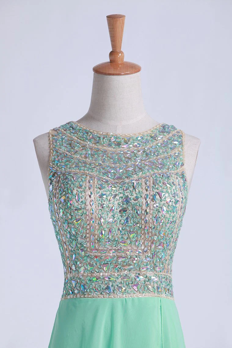 Tow-Tone Bateau Open Back Party Dresses A-Line Beaded Bodice With Slit Chiffon