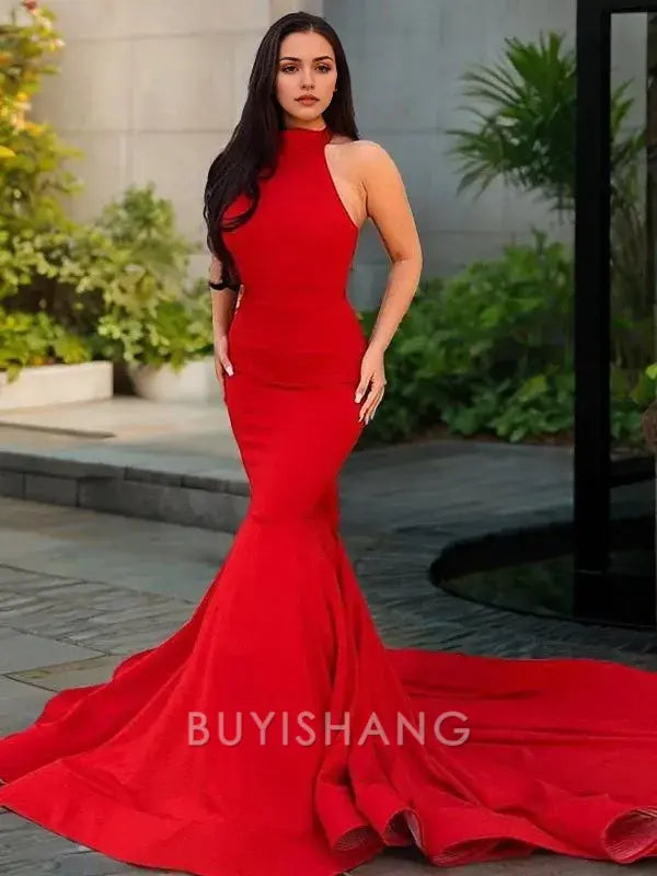 Buyishang Simple Trumpet/Mermaid Halter Chapel Train Stretch Crepe Prom Dresses formal wear dresses
