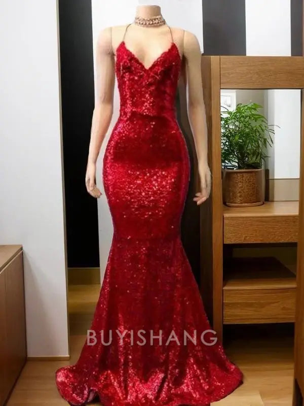 Buyishang Simple Trumpet/Mermaid Spaghetti Straps Sweep Train Sequins Prom Dresses formal wear dresses