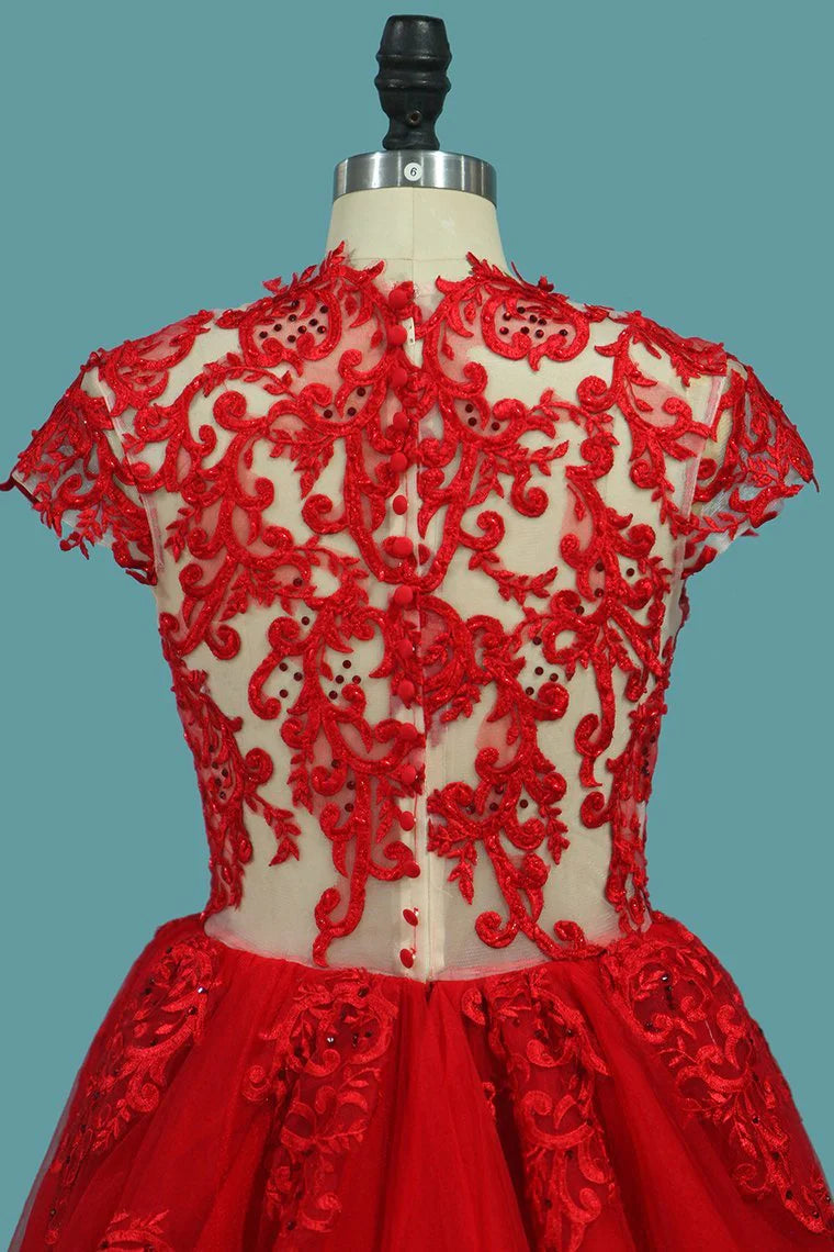 Tulle Scoop Cap Sleeve Party Dresses Mermaid With Applique And Beads Court Train