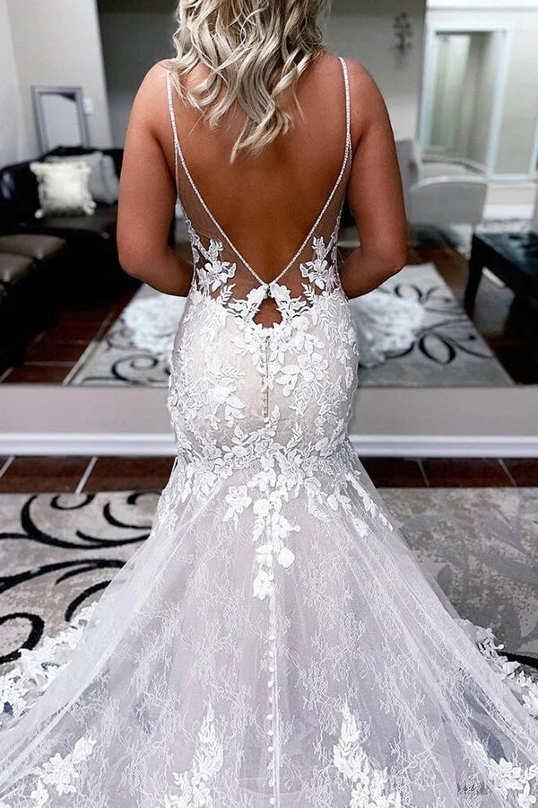Buyishang Ivory Lace Mermaid Backless Long Wedding Dress