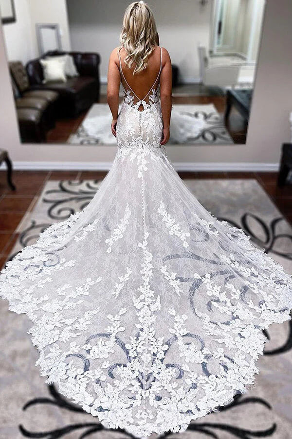 Buyishang Ivory Lace Mermaid Backless Long Wedding Dress