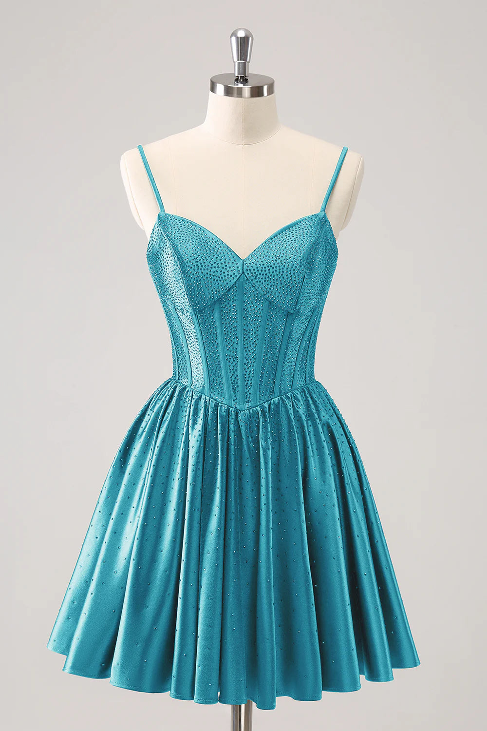 Dark Green A-Line Spaghetti Straps Corset Pleated Homecoming Dress