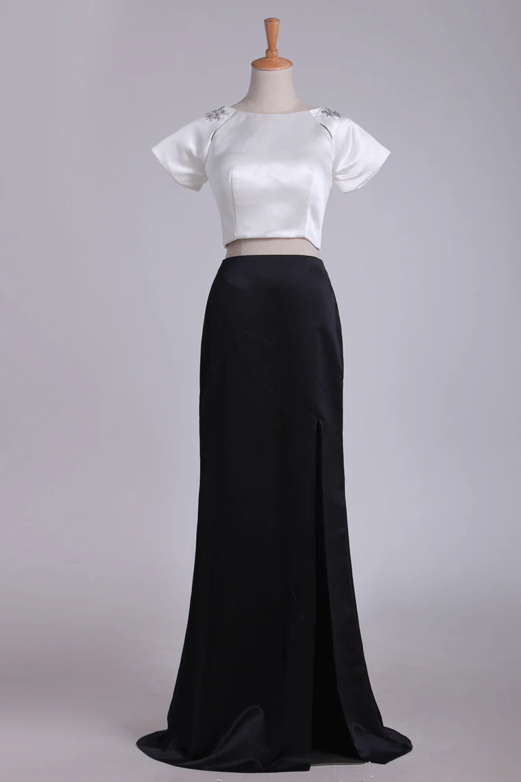 Two-Piece Bicolor Short Sleeves Party Dresses With Beads And Slit