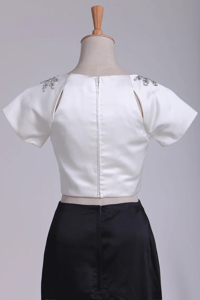 Two-Piece Bicolor Short Sleeves Party Dresses With Beads And Slit