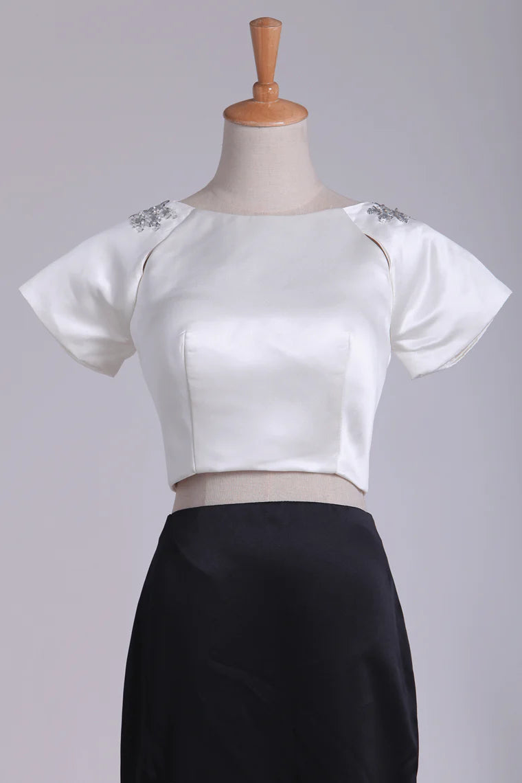 Two-Piece Bicolor Short Sleeves Party Dresses With Beads And Slit