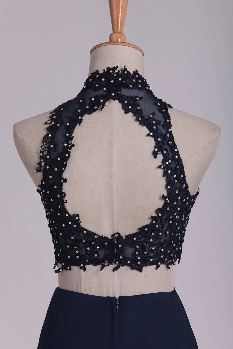 Two-Piece High Neck Open Back Sheath Party Dresses Spandex With Beads And Applique