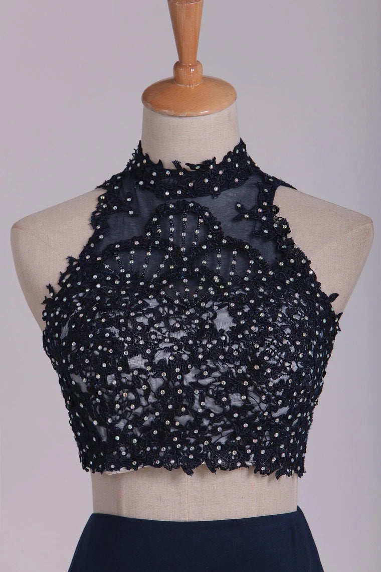 Two-Piece High Neck Open Back Sheath Party Dresses Spandex With Beads And Applique