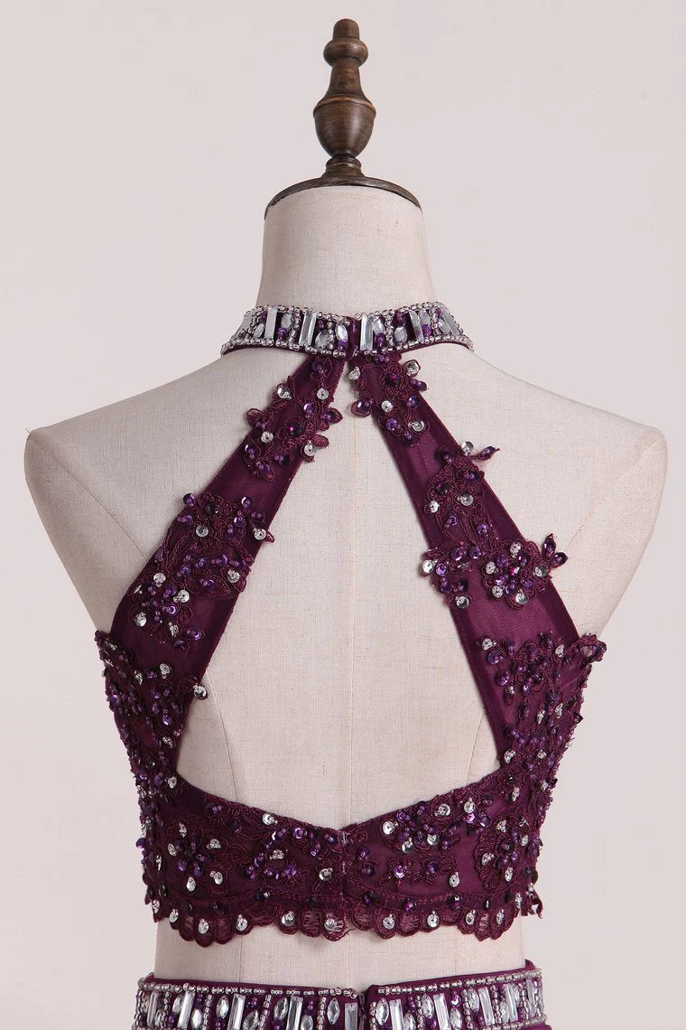 Two-Piece High Neck Party Dresses Mermaid With Applique Spandex