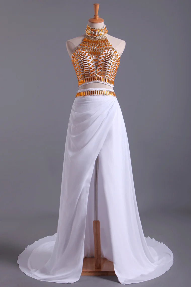 Party Dresses High Neck With Beading Chiffon White