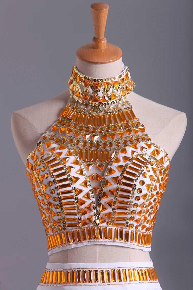 Party Dresses High Neck With Beading Chiffon White