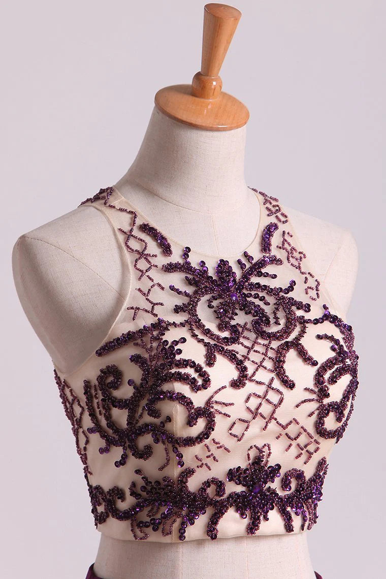 Two Pieces A Line Scoop Beaded Bodice Party Dresses Satin & Tulle Sweep Train Grape
