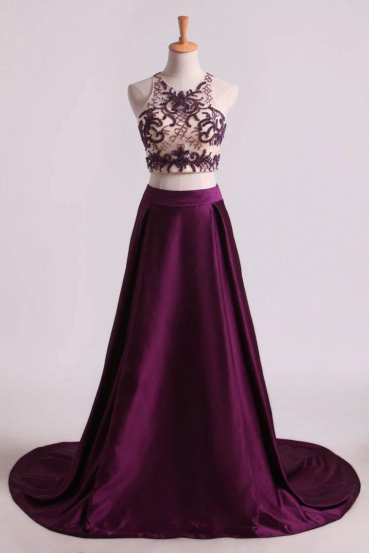 Two Pieces A Line Scoop Beaded Bodice Party Dresses Satin & Tulle Sweep Train Grape