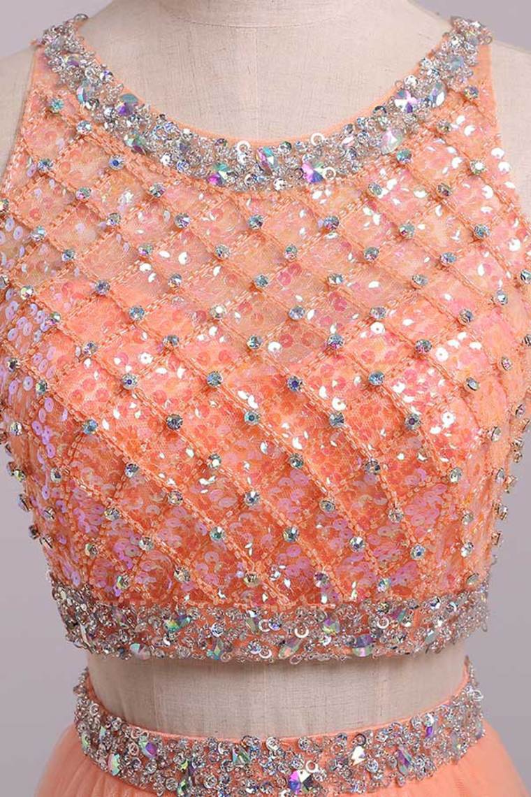 Two Pieces Bateau Beaded Bodice A Line/Princess Party Dress Pick Up Tulle Skirt Floor Length
