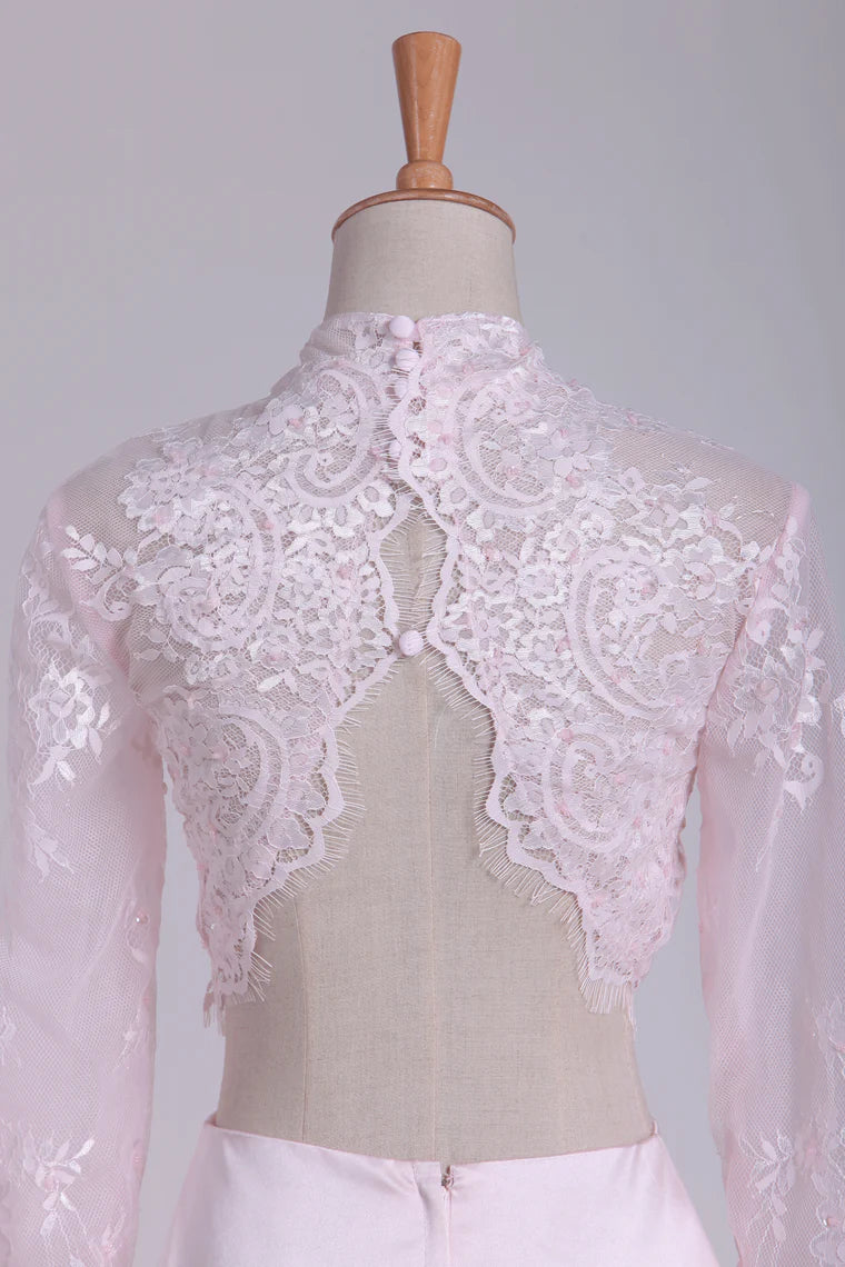 Two Pieces High Neck Long Sleeves Mermaid Party Dresses Satin With Applique