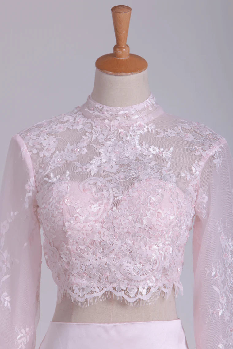 Two Pieces High Neck Long Sleeves Mermaid Party Dresses Satin With Applique