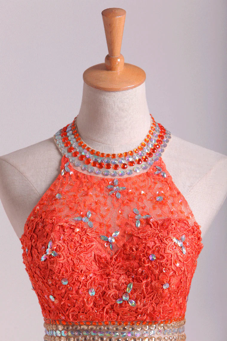 Two Pieces Mermaid High Neck Party Dresses Lace With Beads Sweep