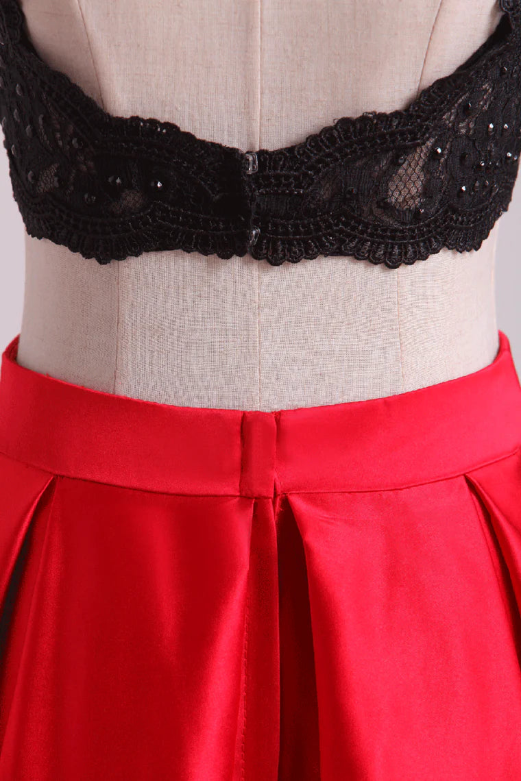 Two Pieces Open Back Party Dresses Scoop Satin Appliqued&Beaded Bodice Floor Length