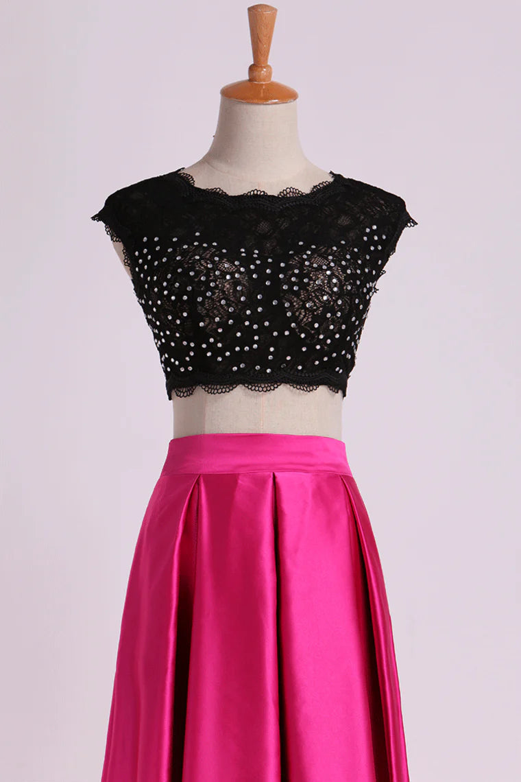 Two Pieces Party Dresses Scoop Appliqued&Beaded Bodice Floor Length Open Back Satin