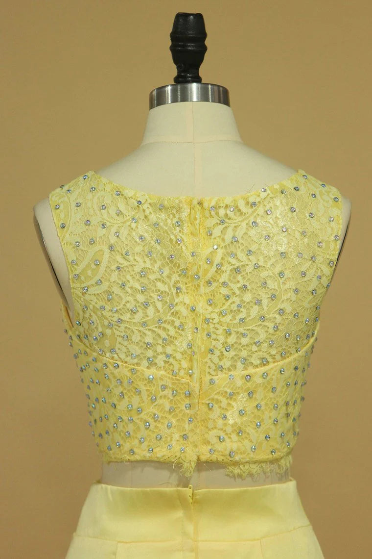 Two Pieces Scoop Mermaid Party Dresses With Beading Satin & Lace