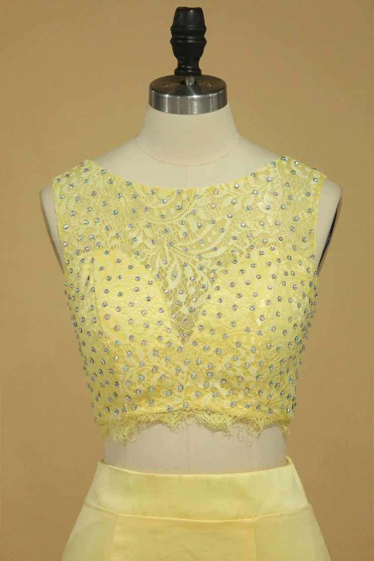 Two Pieces Scoop Mermaid Party Dresses With Beading Satin & Lace