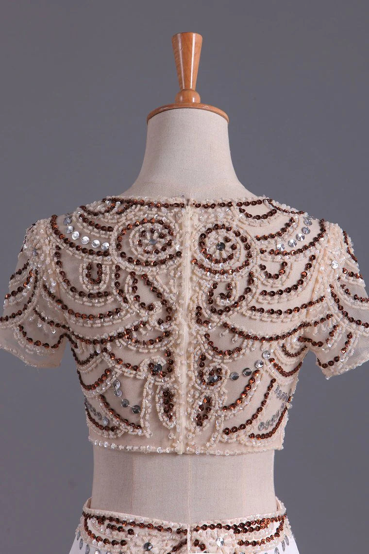 Two Pieces Scoop Short Sleeves Party Dresses With Beads & Rhinestones Sweep Train Spandex