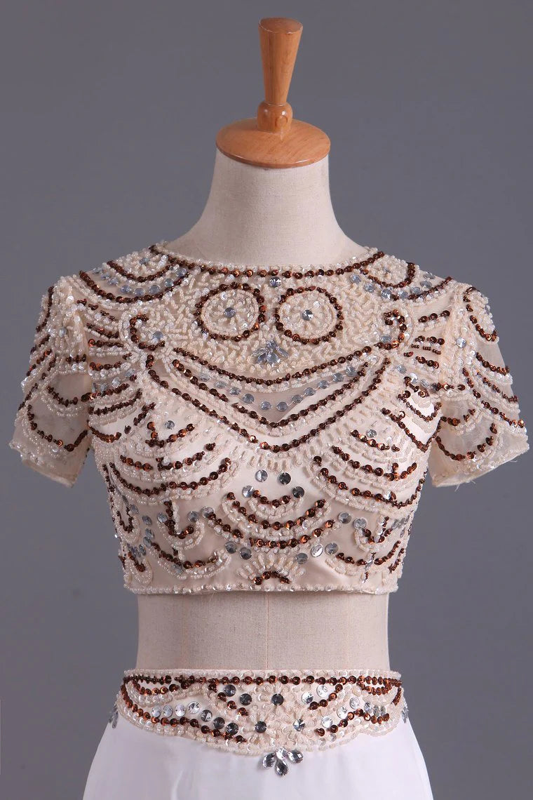 Two Pieces Scoop Short Sleeves Party Dresses With Beads & Rhinestones Sweep Train Spandex