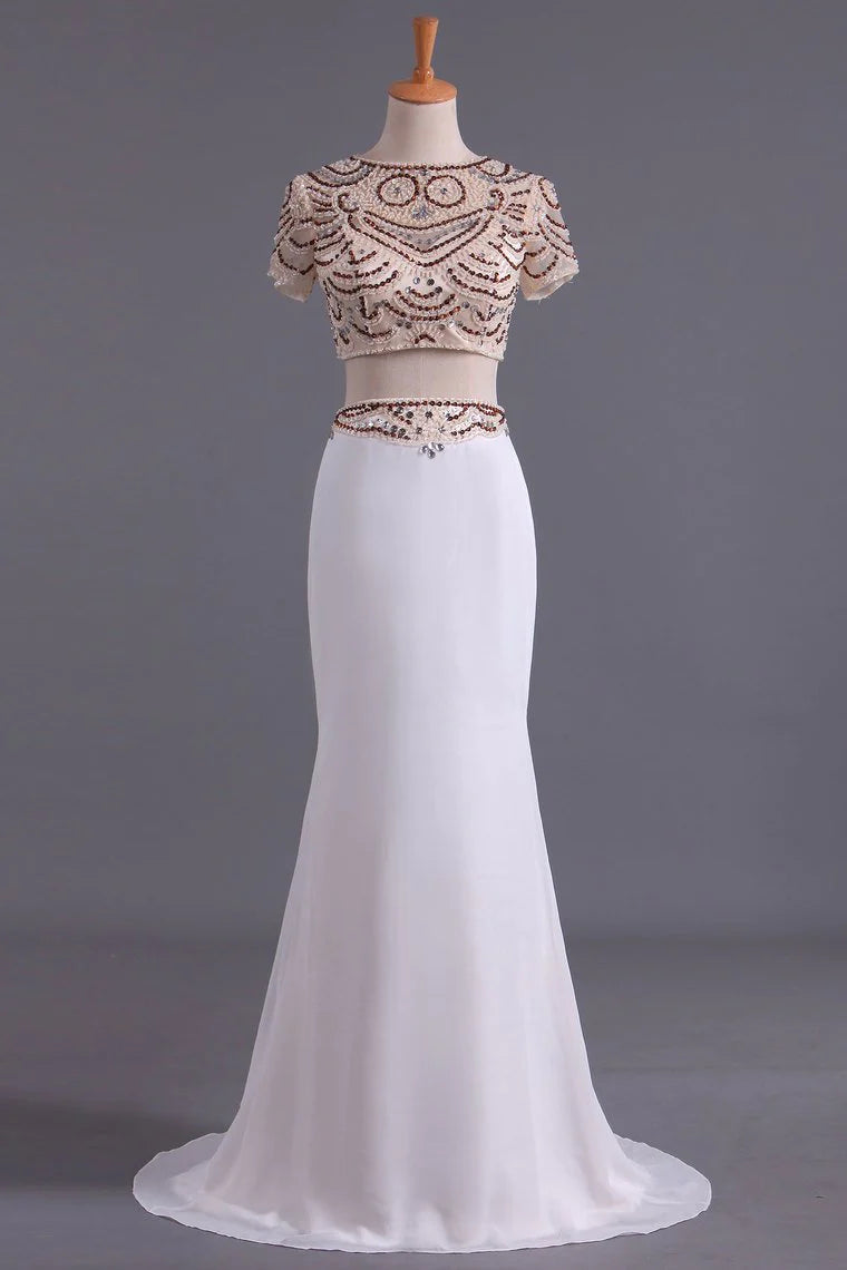 Two Pieces Scoop Short Sleeves Party Dresses With Beads & Rhinestones Sweep Train Spandex