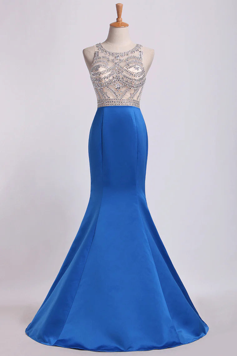 Two-Tone Bateau Mermaid Party Dresses Beaded Bodice Satin And Tulle Sweep Train