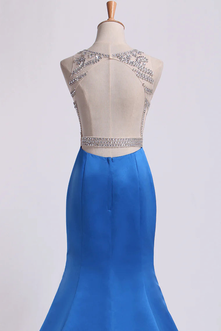 Two-Tone Bateau Mermaid Party Dresses Beaded Bodice Satin And Tulle Sweep Train