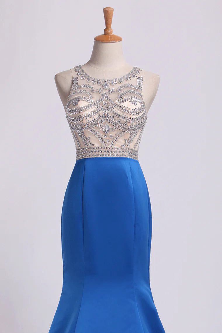 Two-Tone Bateau Mermaid Party Dresses Beaded Bodice Satin And Tulle Sweep Train