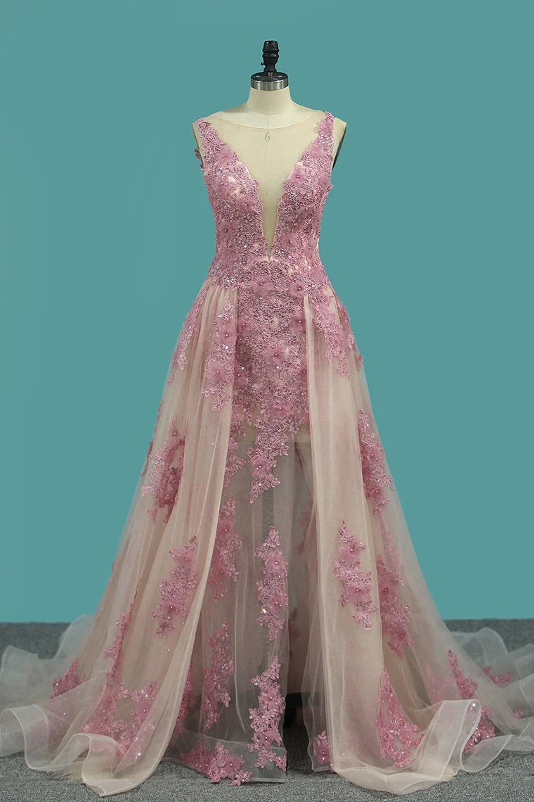 Mermaid Scoop Tulle Party Dresses With Applique Court Train Detachable