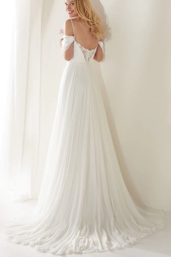 Buyishang A-Line Spaghetti Straps Off-the-Shoulder Sweep Train Wedding Dress