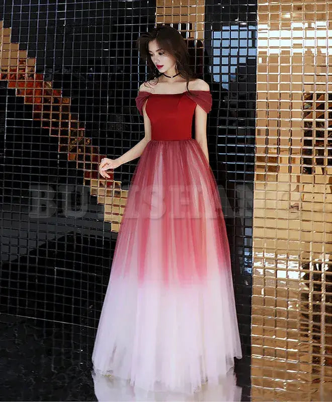 Buyishang Unique Burgundy Off Shoulder Tulle Long Prom Dress Burgundy Evening Dress prom dress in store