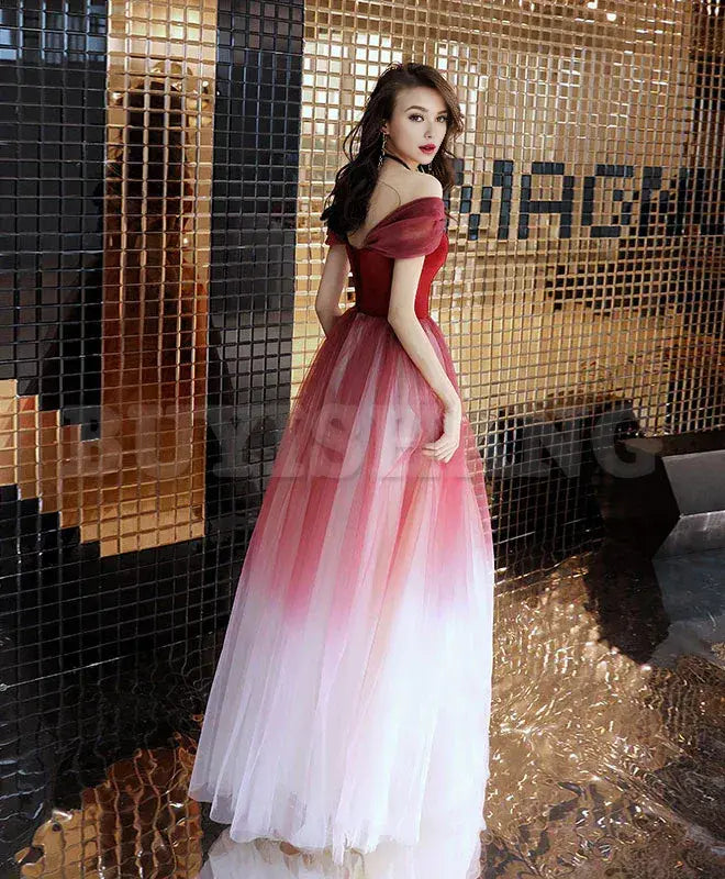 Buyishang Unique Burgundy Off Shoulder Tulle Long Prom Dress Burgundy Evening Dress prom dress in store