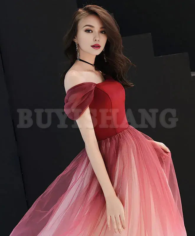 Buyishang Unique Burgundy Off Shoulder Tulle Long Prom Dress Burgundy Evening Dress prom dress in store