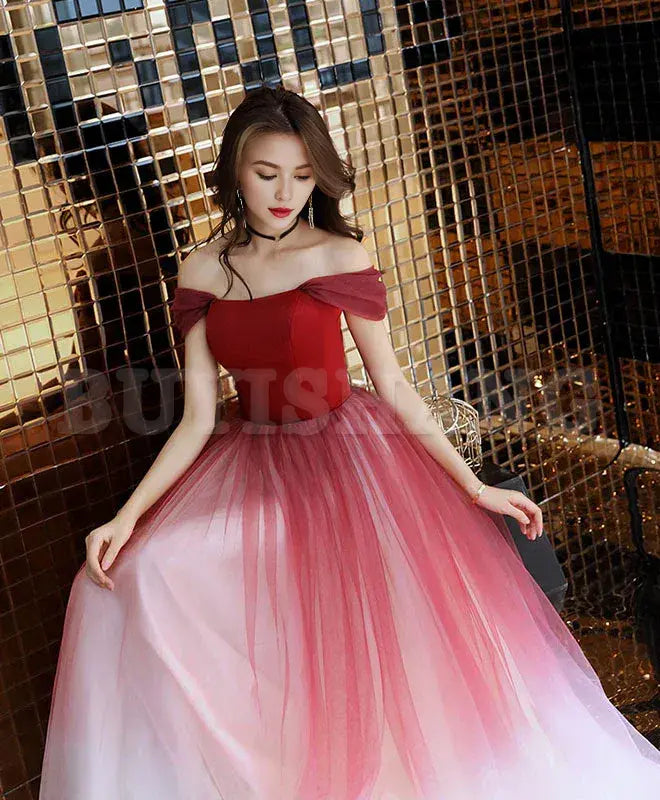 Buyishang Unique Burgundy Off Shoulder Tulle Long Prom Dress Burgundy Evening Dress prom dress in store