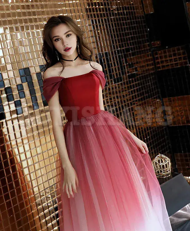 Buyishang Unique Burgundy Off Shoulder Tulle Long Prom Dress Burgundy Evening Dress prom dress in store