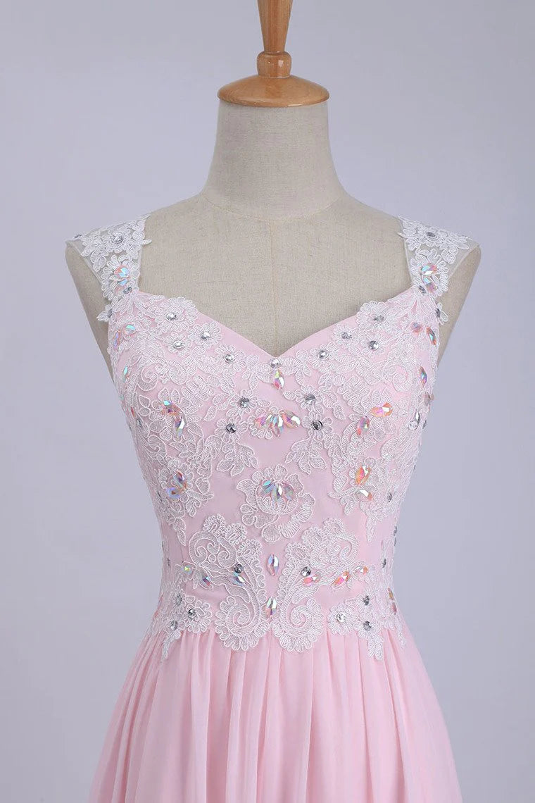 V-Neck A-Line/Princess Party Dress Tulle&Chiffon With Beads And Applique