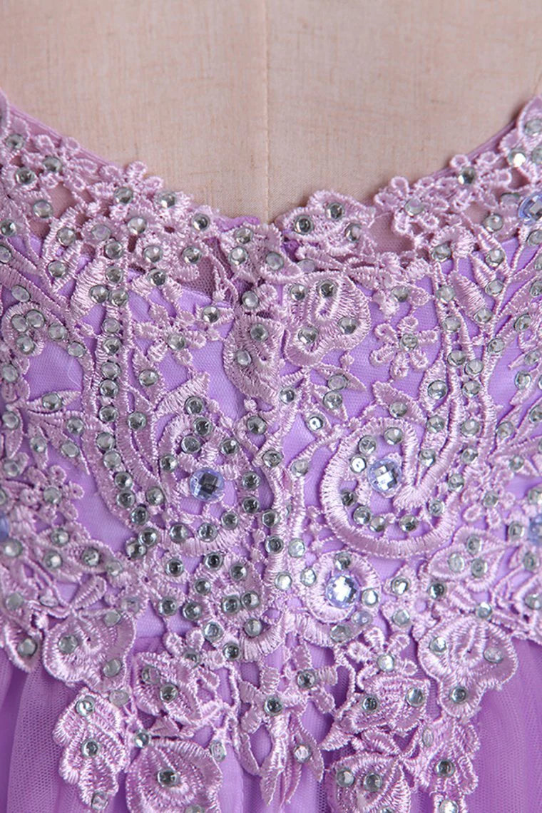 V Neck A Line/Princess Party Dress Tulle With Applique & Beads