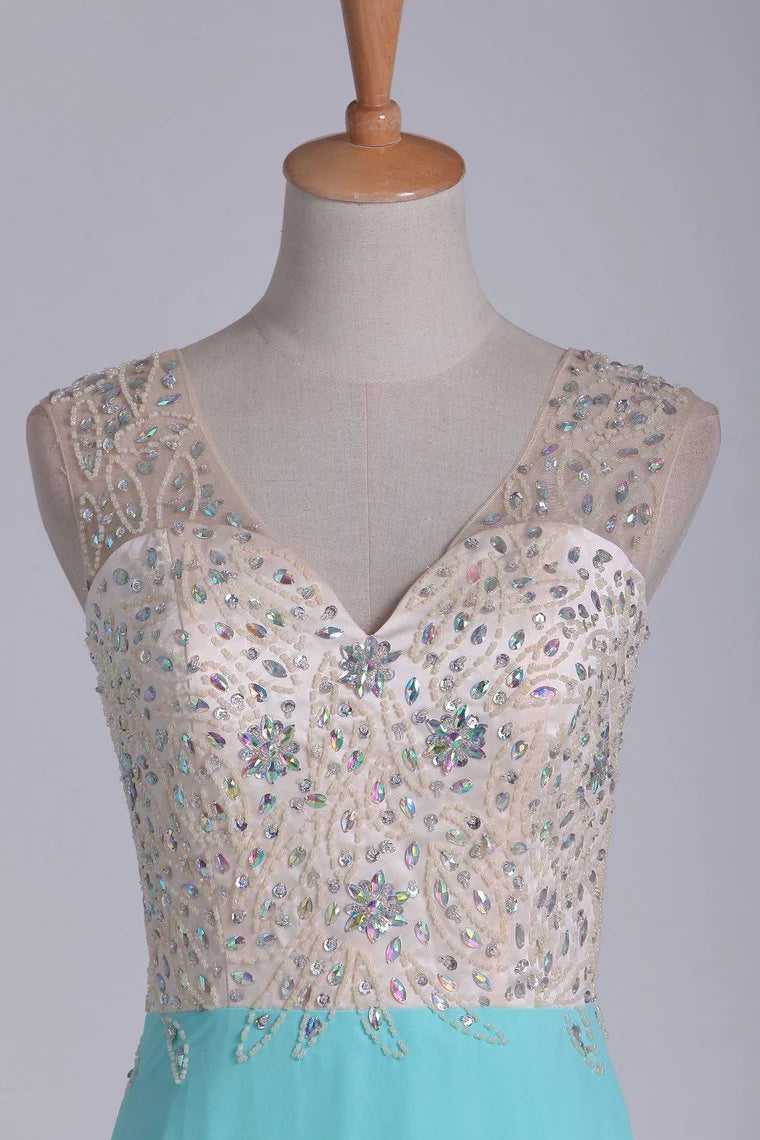 V Neck Beaded Bodice A Line Party Dresses Chiffon & Tulle Sweep Train