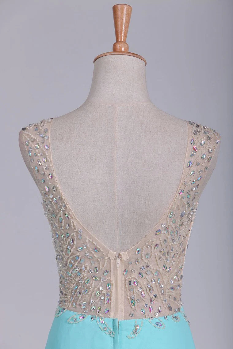 V Neck Beaded Bodice A Line Party Dresses Chiffon & Tulle Sweep Train