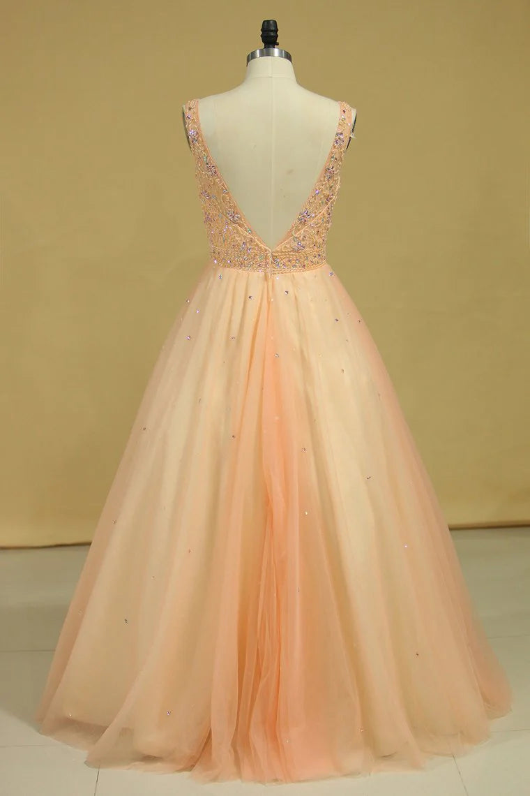 V Neck Beaded Bodice Floor Length Ball Gown Tulle Party Dresses