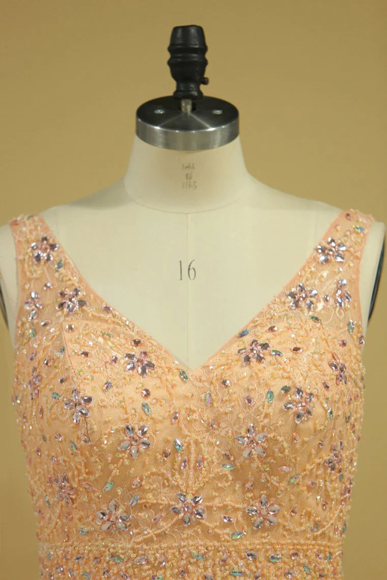 V Neck Beaded Bodice Floor Length Ball Gown Tulle Party Dresses