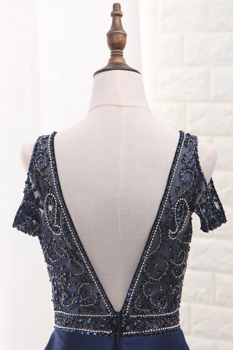 V Neck Beaded Bodice Satin A Line Open Back Floor Length Party Dress